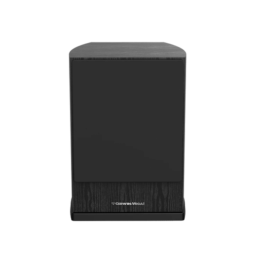 The black 10” Home Theatre Powered Subwoofer Speaker-LA110 by Cerwin-Vega stands vertically, providing premium sound. It features a sleek rectangular shape with a minimalist solid black grille and the Cerwin-Vega logo on a small angled base with a subtly textured surface.