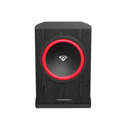 The LA110 10” home theatre powered subwoofer speaker features a black textured wood finish, bold red-ringed circular speaker, and "Cerwin-Vega!" logo on the bottom center of the front panel. This exquisite product from the Home Hi-Fi Speakers range sits on a flat black base for premium sound.