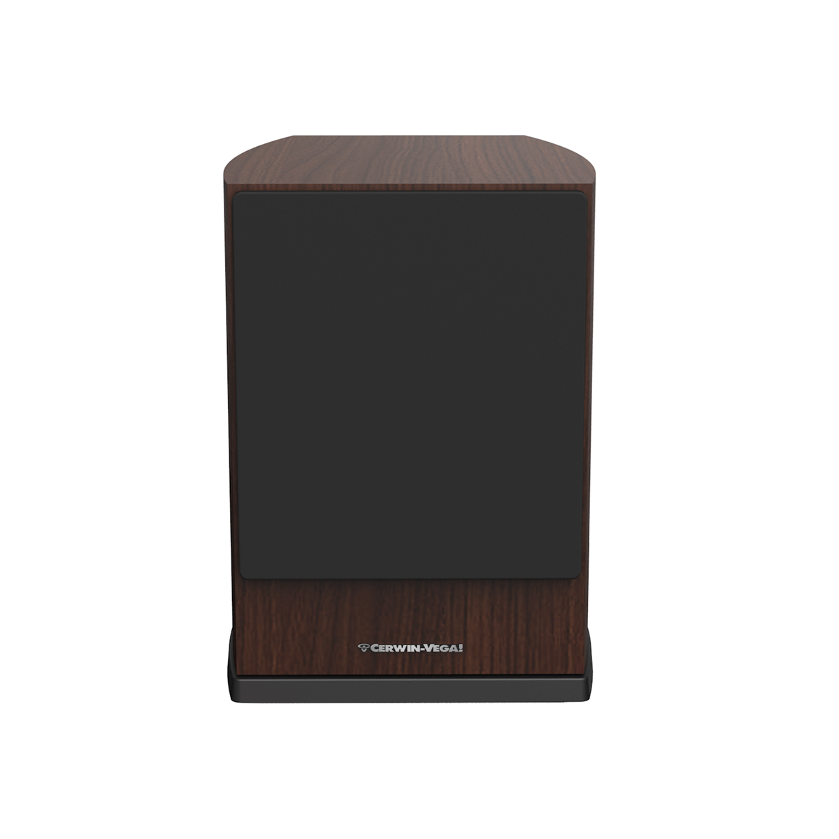 A rectangular, black and brown wood-finished premium sound device, the 10" Home Theatre Powered Subwoofer Speaker-LA110 features "Cerwin-Vega!" in white on its black front panel. Its polished dark wood grain texture on the sides and top adds elegance to any room.