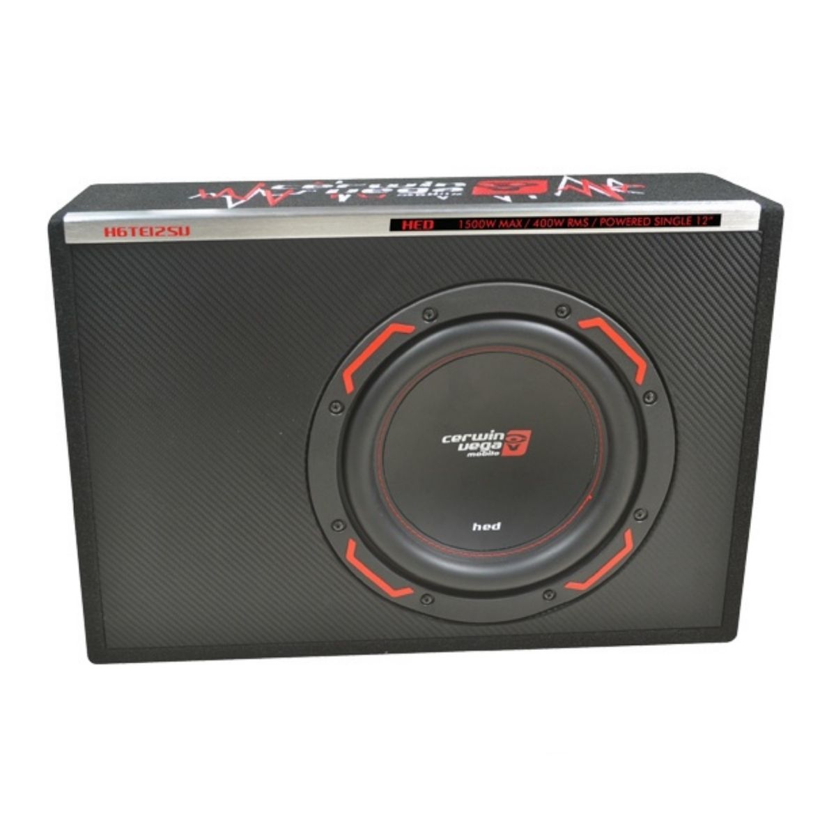 The HED Powered Subwoofer Enclosure is a rectangular, textured black speaker box with a central round speaker featuring red accents and "Cerwin Vega" in white text. "HED" and "1500W MAX" are printed on the top and side, with reinforced edges.