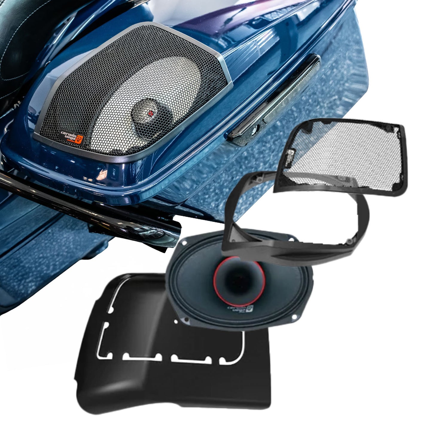 Close-up of a blue motorcycle saddlebag featuring Cerwin Vega Inc.'s Cut In Lid Kit (2014-2023) with PH694 (4Ω). Highlights include a mesh grille, red-rimmed speaker, and black cover, showcasing placement and audio innovation. Perfect for your Harley Davidson® adventure.