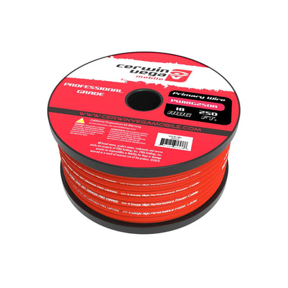 The professional-grade PW18G250R, a spool of 18 gauge frost red primary wire by Cerwin Vega Mobile, is perfect for sound system installation. This 250-foot OFC coil features a neat design with the brand's URL on a black edge with red and white print.