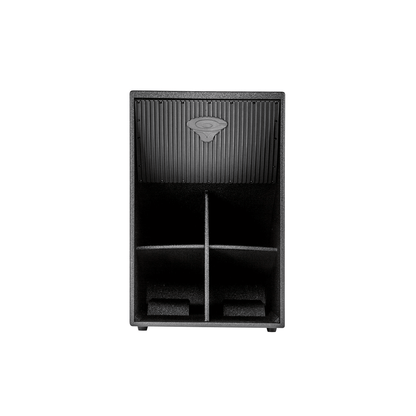 The EL-36D is an 18" Passive Horn Subwoofer with a rectangular black design, ribbed upper section, and circular emblem, mimicking a professional setup reminiscent of Cerwin-Vega Earthquake's folded horn subwoofers for powerful sound delivery.