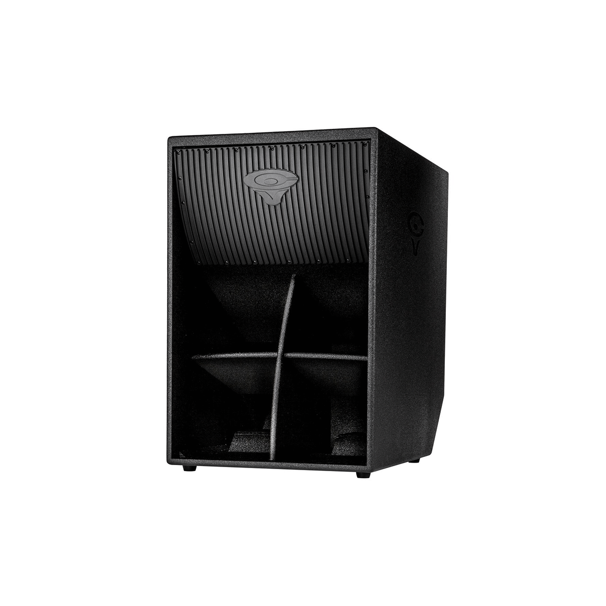 The 18" Passive Horn Subwoofer W/ Tour Shield - EL-36D, with its sleek black finish and rectangular shape, features a distinct front design. The ribbed top panel highlights a central logo, and its innovative folded horn structure includes four open sections for optimal sound.