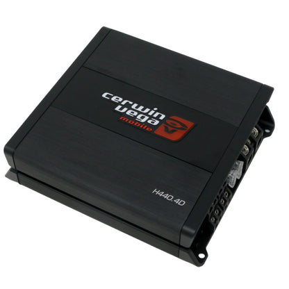 A black Cerwin Vega Inc. HED 440W RMS Full Range Class-D 4 Channel Digital Amplifier with a sleek, matte finish. This 4 Channel Full Range Digital Amplifier features the Cerwin Vega Inc. logo in white and red on the top. Multiple connection terminals are visible on the right side for speaker and power connections, utilizing Class D amplifier technology.
