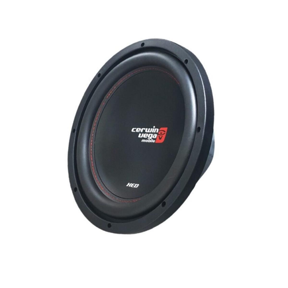 The Cerwin Vega 10” XED10V2 subwoofer features a round black cone with the "cerwin vega! mobile" logo, a sleek black rim with visible screws, and a slightly protruding design, ensuring powerful bass performance for car audio fans.