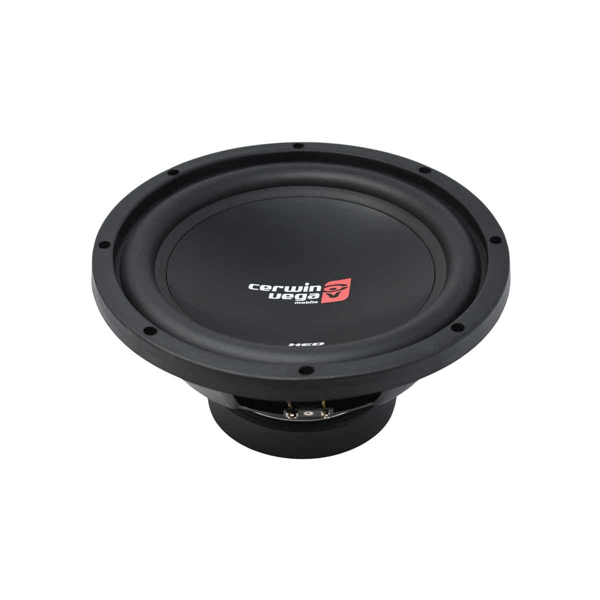 The 10” XED10V2 SVC Subwoofer (4Ω) features a black circular design with powerful bass and the "cerwin vega" logo in white and red. Perfect for car audio lovers, it sports a sleek appearance, a ridged outer rim, and visible connector terminals at the bottom.