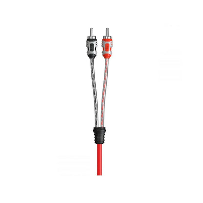 The 2-Channel Dual Twisted RCA cable w/dual molded ends (1ft) - RV1 features braided gray and black cords with red and black connectors, joined by a sleek coupler, leading to a single red cable with metallic ends—a perfect choice for audiophiles and car audio enthusiasts. The background is white.