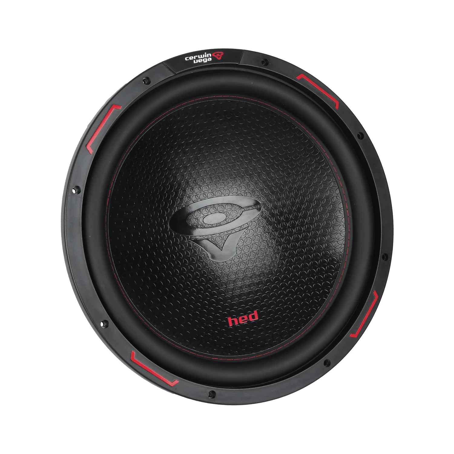 The HED 2025 Edition Subwoofer by Cerwin Vega features a black circular design with a textured cone, an oval logo with a swoosh, "hed" in red on the bottom, and a black frame with red accents displaying "Cerwin Vega" at the top.