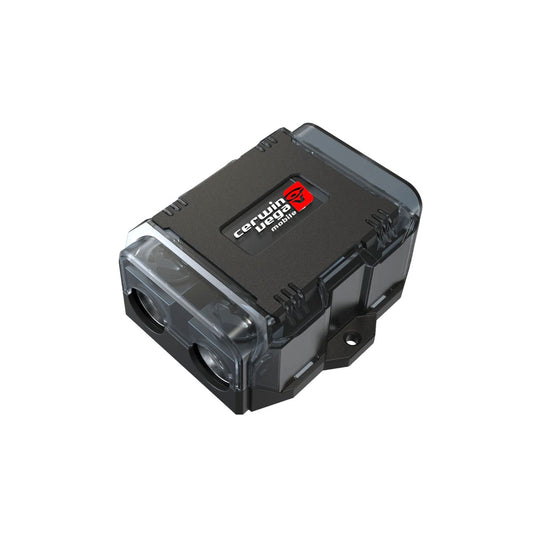 The 2-Position ANL Fuse Holder Distribution Block - ANL2 is a sleek black rectangular device with a transparent cover, featuring the red and white Cerwin-Vega Mobile logo. It has two connectors on the left side and a small mounting bracket, resembling an ANL fuse holder.