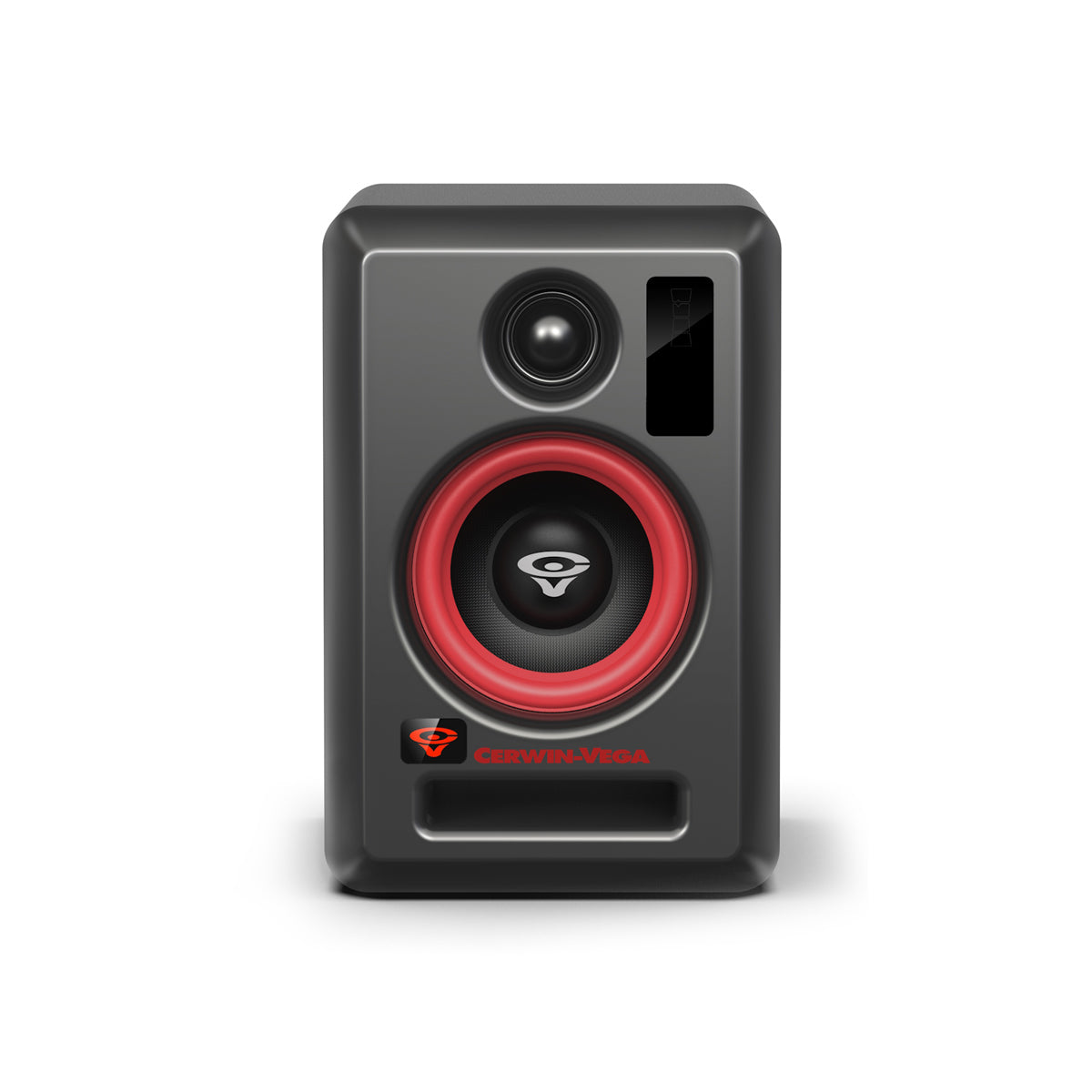 The VEGA4SB-PR studio monitor pair features a prominent circular red woofer and smaller tweeter, set in a sleek black rectangle with a glossy finish. It supports Bluetooth 5.0 for seamless connectivity and displays the Cerwin-Vega logo at the bottom.