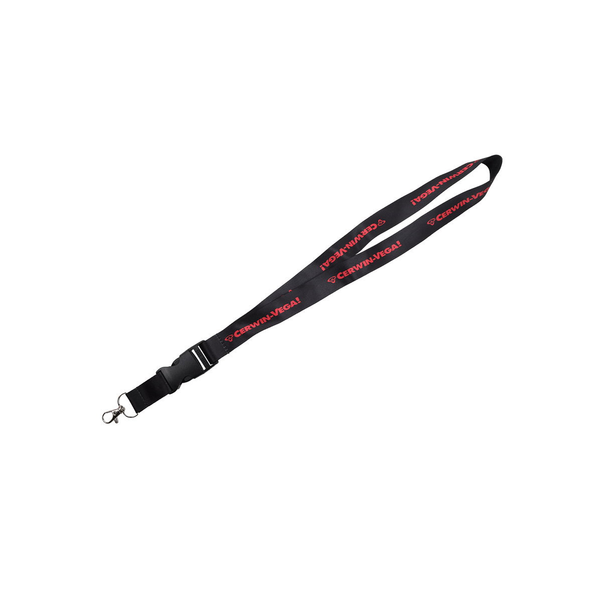 The Cerwin-Vega Mobile Lanyard (CVMLANR) showcases bold red text and a repeating stylized heart design on a black background. Equipped with a sturdy metal clasp, it's ideal for carrying badges, keys, and other essentials.