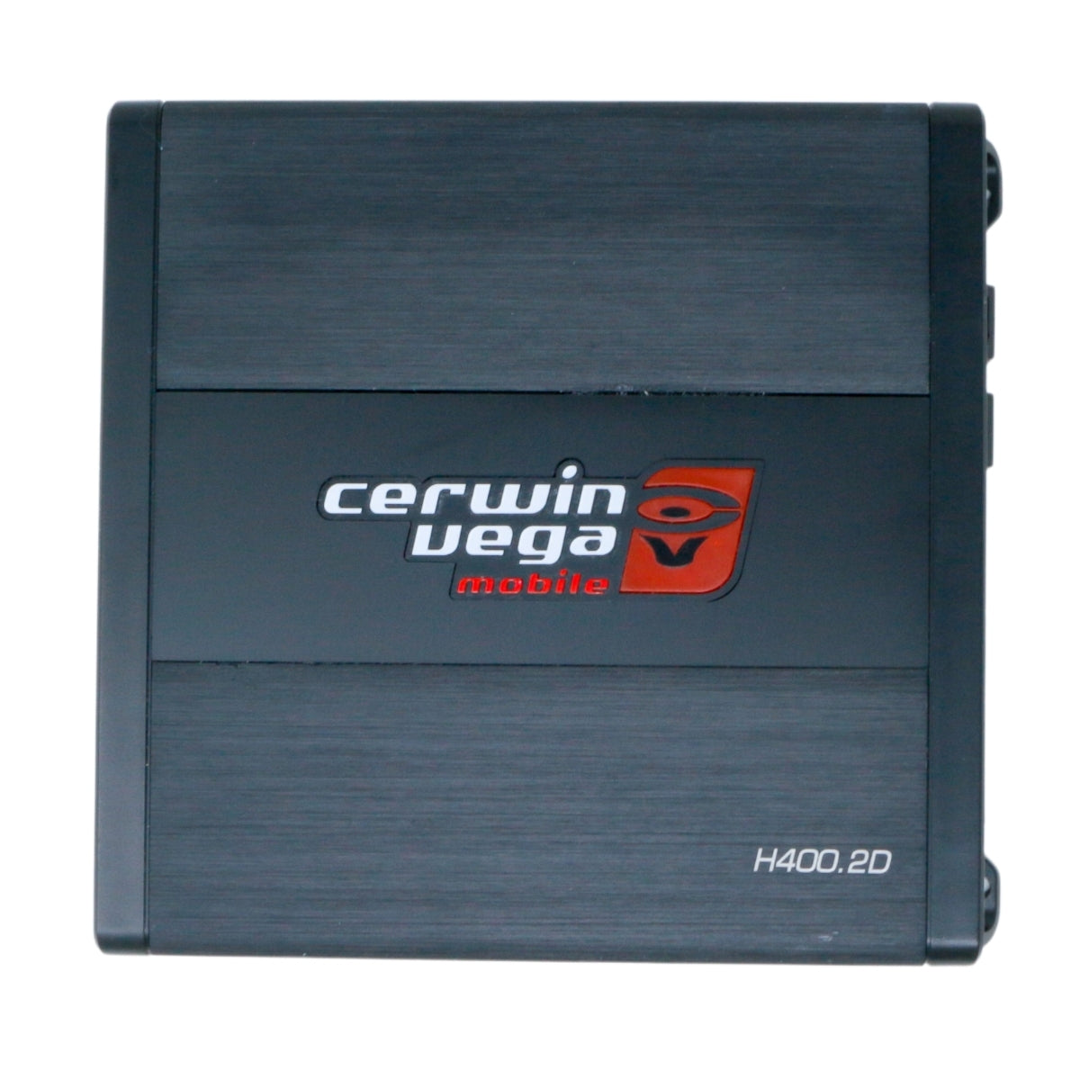 A Cerwin Vega car audio amplifier, model HED 290W RMS Full Range Class-D 2 Channel Digital Amplifier, in black with a sleek, rectangular design. The 2 Channel Full Range Digital Amplifier boasts 290W RMS power and features Bass Boost for enhanced sound quality. The brushed metal finish and side ports complete the look with red and white accents highlighting the Cerwin Vega logo.