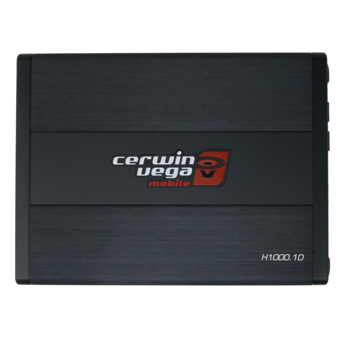 The image shows a Cerwin Vega Inc. HED 1000W RMS Class-D Mono Digital Amplifier. It has a sleek, rectangular design with a dark metallic finish. The Cerwin Vega Inc. logo is prominently displayed in the center with the text "mobile" underneath and the model number "H1000.1D" in the bottom right corner, showcasing its 1 Channel Digital Monobloc Amplifier.