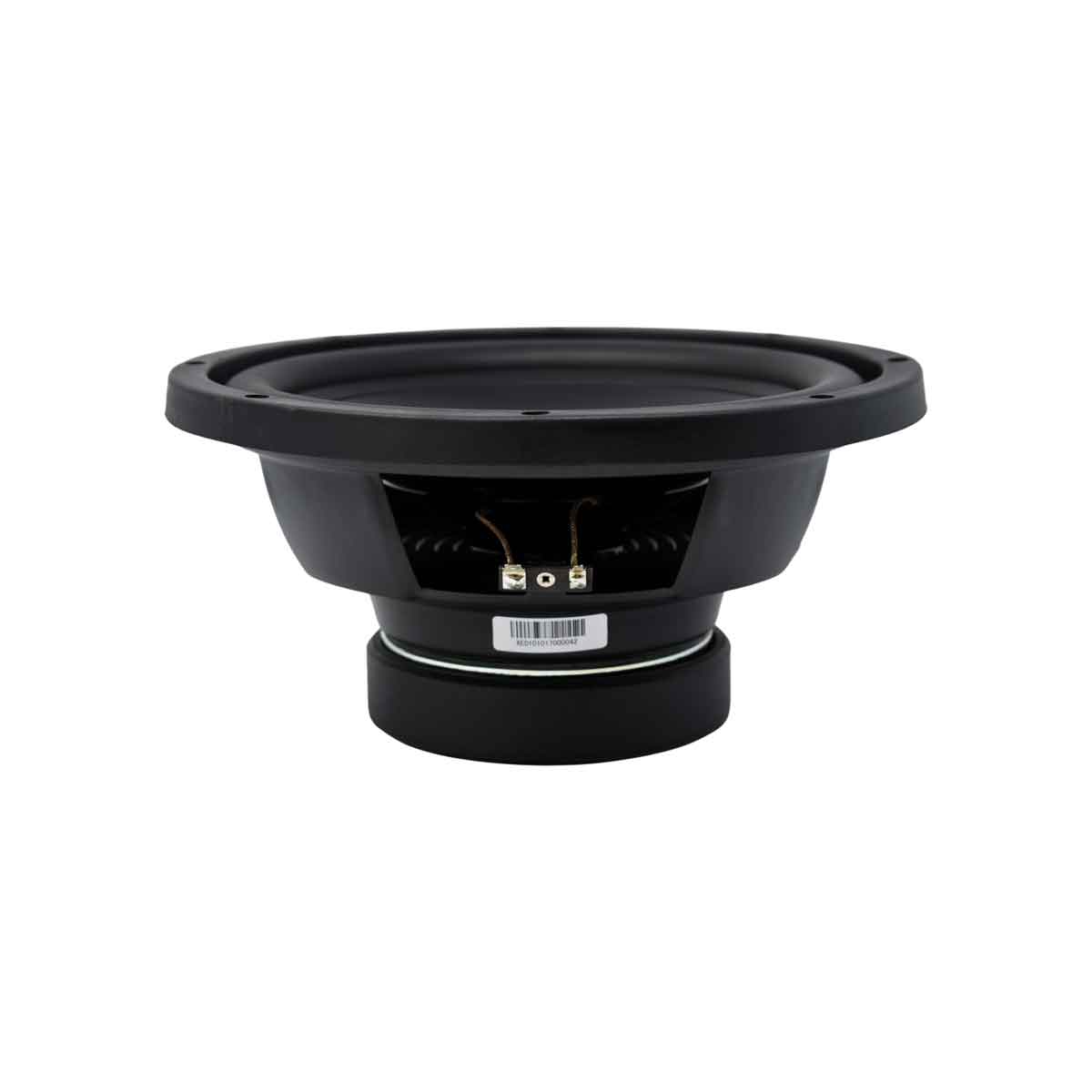 The 10" Xtreme-Energy Design SVC Subwoofer (4Ω) - XED10V2 is shown on a white background, featuring a conical shape with a wide, rounded top and visible terminals. Its side profile reveals the metal frame and rubber surround, ideal for car audio enthusiasts desiring powerful bass.