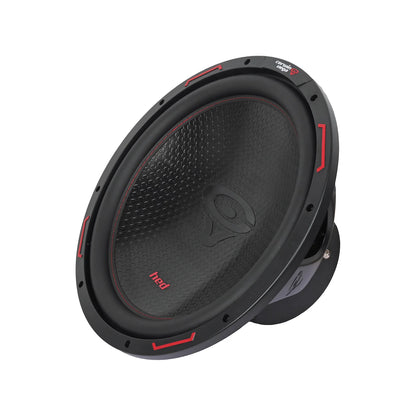 The Cerwin Vega HED 2025 Edition Subwoofer (H15DV4) sports a black textured cone with a red "HED" logo and red accents on the edge. Its robust mounting frame suggests powerful audio, and it's angled slightly to the right.