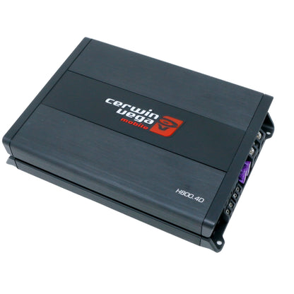 A rectangular, black Cerwin Vega mobile amplifier labeled "HED 800W RMS Full Range Class-D 4 Channel Digital Amplifier" is pictured. This 4 Channel Full Range Digital Amplifier from the Cerwin Vega HED series features a matte finish with vented sides. The red and white Cerwin Vega logo is centered on top, with various connection ports, terminals, and a fuse holder visible on one side.
