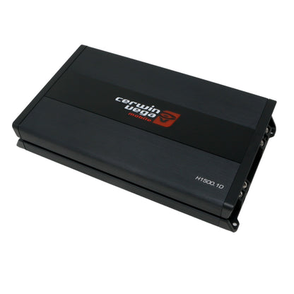 A black Cerwin Vega Inc. HED 1500W RMS Full Range Class-D Mono Digital Amplifier, featuring high performance Class D amplifier technology and a sleek rectangular design with rounded edges. The brand name and logo are prominently displayed in white and red on the top surface, with connectors on the side, isolated on a white background.