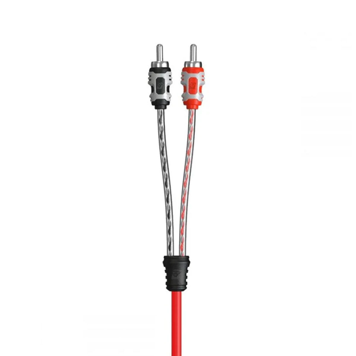 Close-up of two braided 4-Channel Dual Twisted RCA cables (RV46, 6ft) with dual molded ends for enhancing audio performance. One is black with a white tip, the other red with a matching tip; both merge at a sleek black connector against a plain white background.