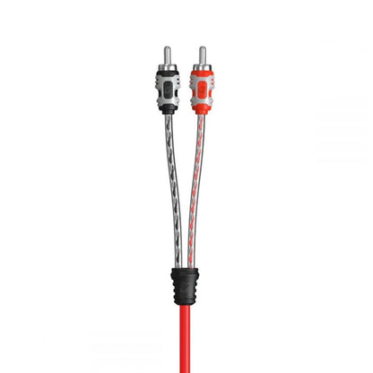 The RV10 2-Channel Dual Twisted RCA cable features braided black and red connectors with molded ends, standing vertically on a white background. Ideal for audiophiles and car audio lovers, it offers secure metal tips and ribbed grips united by a black clip.