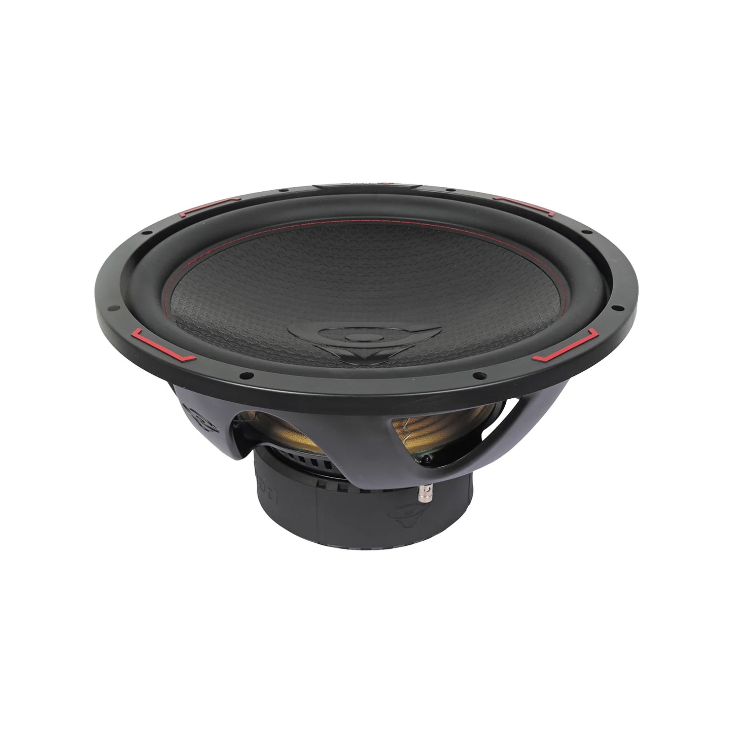 The HED 2025 Edition Subwoofer by Cerwin Vega features a black round textured cone with red accent stitching. It has a strong black frame with open slots and a compact design showcasing the brand logo at the center of the cone.