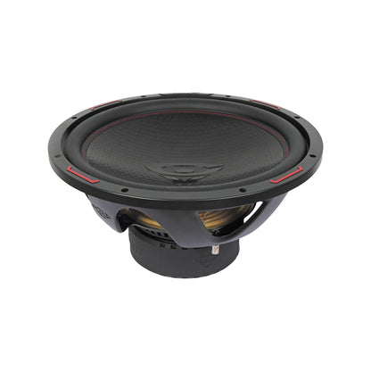 The HED 2025 Edition Subwoofer by Cerwin Vega features a black round textured cone with red accent stitching. It has a strong black frame with open slots and a compact design showcasing the brand logo at the center of the cone.