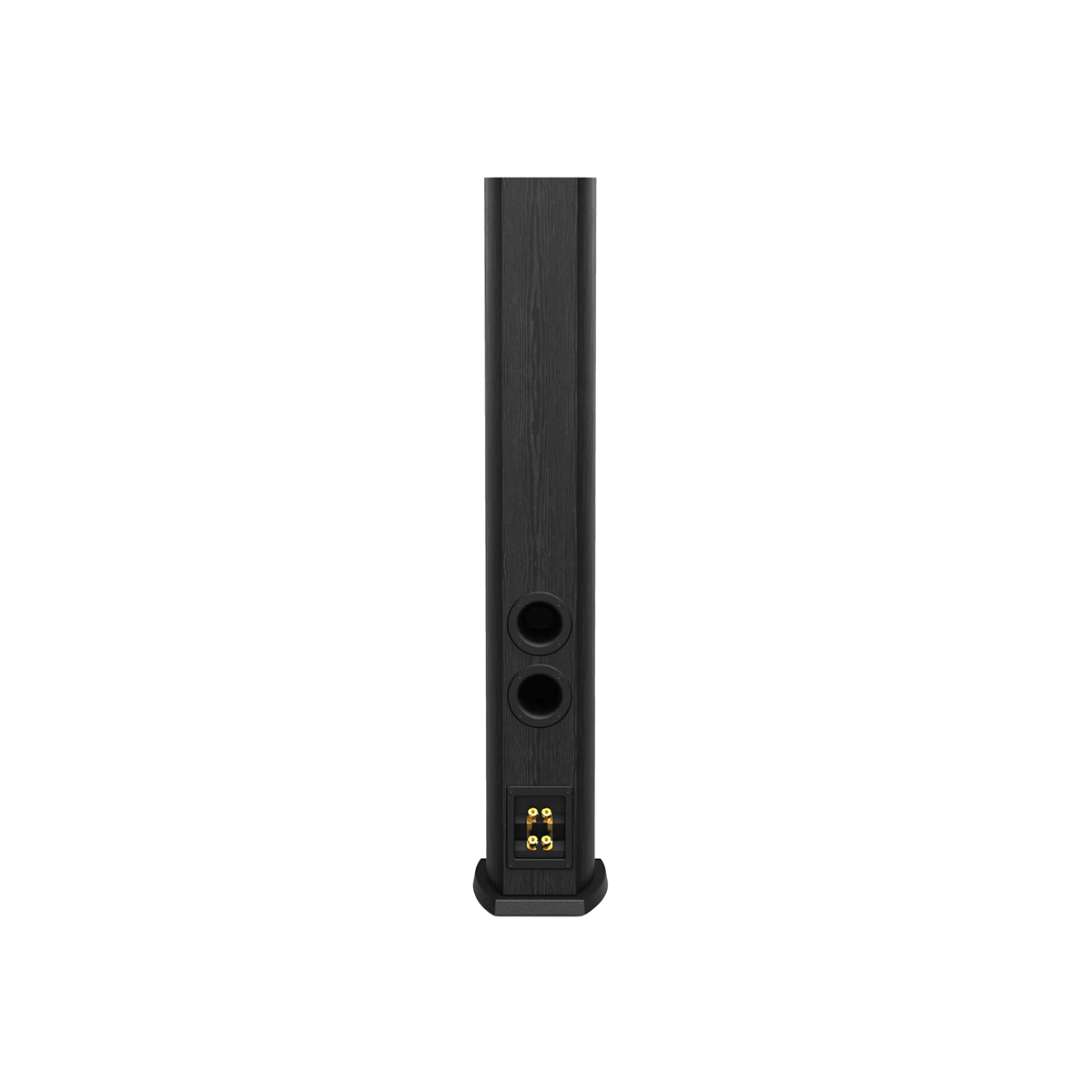 Presenting the DUAL 4” 3-WAY TOWER SPEAKER-LA44: a tall, sleek black tower with a textured finish, featuring two round ports near the top, a gold terminal connection panel at the base, and standing on a matching base for premium sound quality against a simple white background.