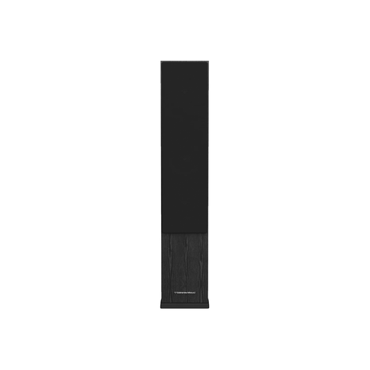 The tall, black DUAL 4” 3-WAY TOWER SPEAKER-LA44 exudes modern style with a sleek design. Its bottom half features wood grain texture, while the top is smooth with a matte finish. The lower front sports a label reading "TOWER SPEAKERS C1500," promising premium sound in a minimalist piece.