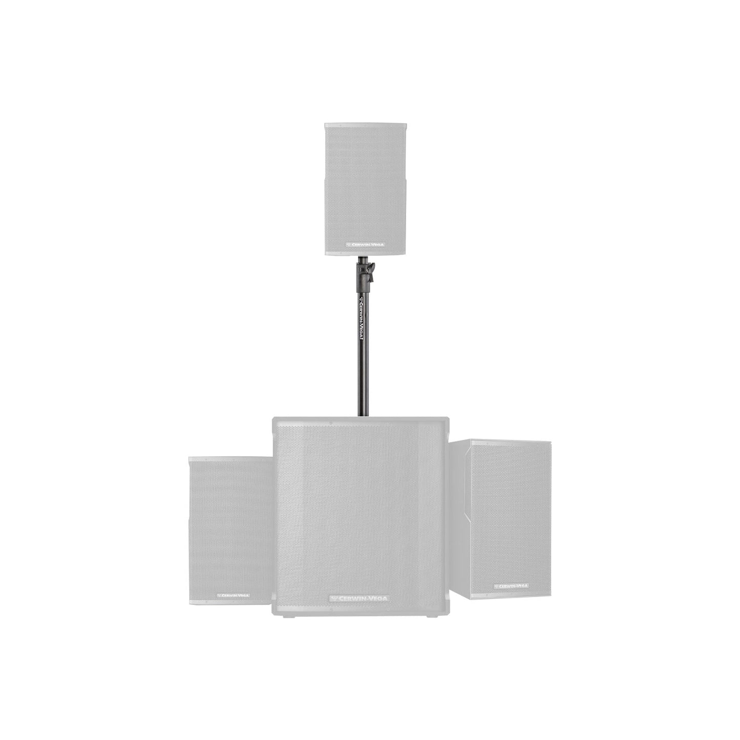 This sleek white audio setup boasts a central woofer and three minimalist speakers, including one elevated on the Adjustable Telescoping Speaker Pole CVPOLE-1B. The flanking speakers, each with visible brand logos, add style to a powerful sound experience.