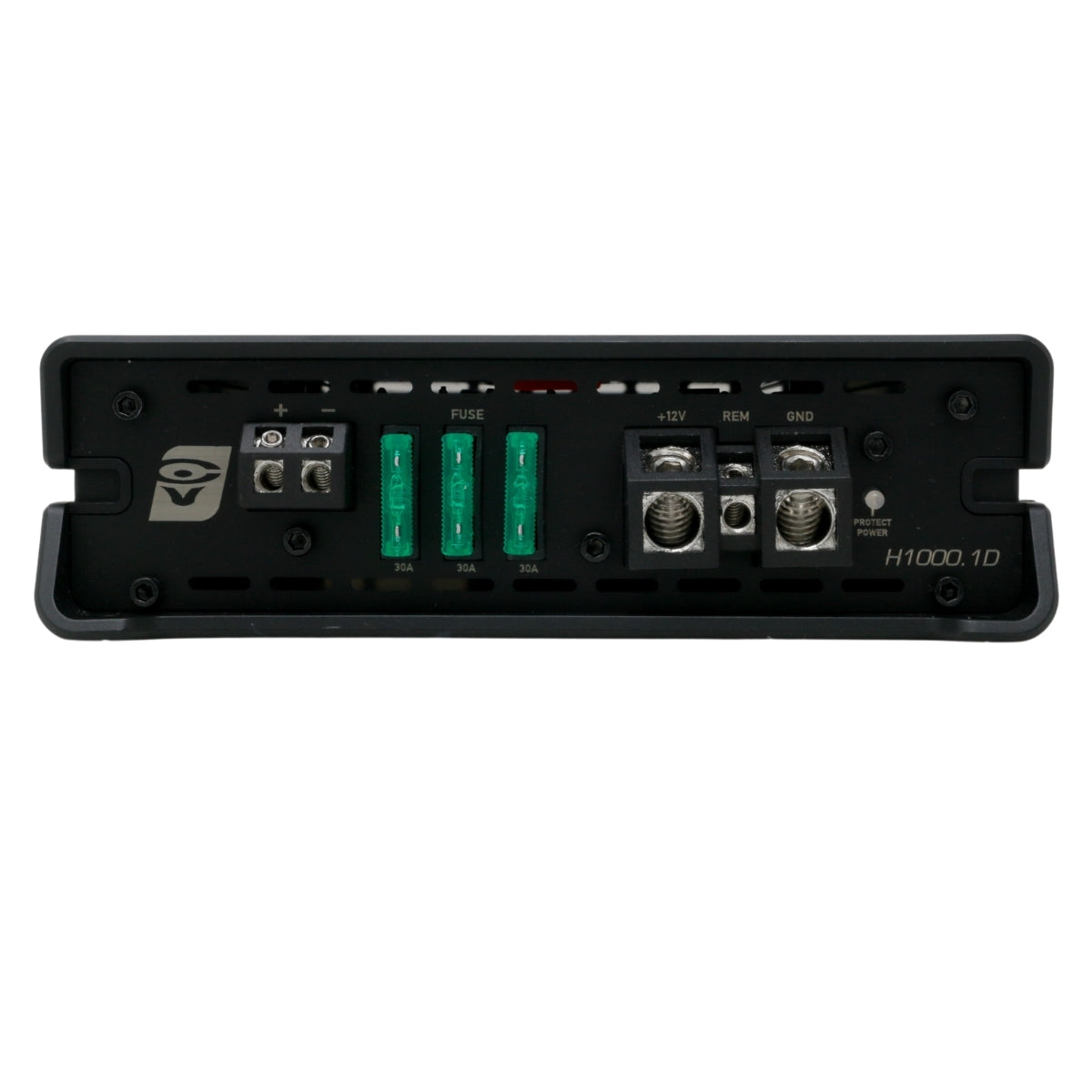 A black, Cerwin Vega Inc. HED 1000W RMS Class-D Mono Digital Amplifier with various connectors and terminals on one side. It features three green fuses labeled 35A, 35A, and 20A. Terminals are designated for +12V, REM, and GND alongside other input/output ports. The model number "H1000.1D" is printed in white near the bottom right.
