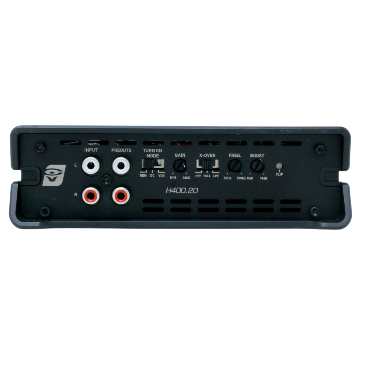 The image shows the control panel of a Cerwin Vega HED 290W RMS Full Range Class-D 2 Channel Digital Amplifier. The panel includes various ports and knobs such as Input ports, Preouts, Turn On Mode switch, Gain control, X-Over switch, Frequency knob, and Bass Boost switch. There are two RCA input jacks and multiple ventilation slots.