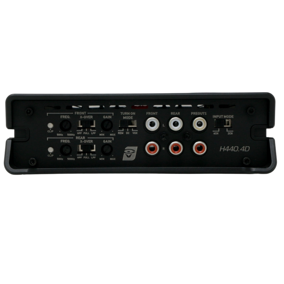 The image shows the control panel of a Cerwin Vega Inc. HED 440W RMS Full Range Class-D 4 Channel Digital Amplifier. This 4 Channel Full Range Digital Amplifier, featuring Class D amplifier technology, includes various knobs, switches, and input/output ports labeled "FREQ," "FRONT X-OVER," "GAIN," and more. The model name "H440.4D" is printed on the bottom right.