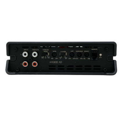 Back view of the Cerwin Vega Inc. HED 1000W RMS Class-D Mono Digital Amplifier showcasing various input/output ports and control knobs. Ports include RCA inputs and outputs. Controls feature switches for mode, gain, crossover, and LPF, along with dials for subsonic and bass boost. Also includes connectors for remote control and power.