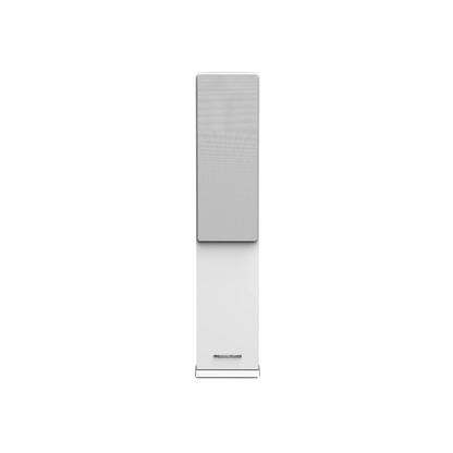 The DUAL 6.5” 2-WAY TOWER SPEAKER-LA265 is a modern wireless speaker with a tall, rectangular shape and sleek white finish. It features a gray fabric grille covering the drivers and a base displaying the Naim Audio brand in black, offering an elegant design perfect for contemporary interiors.