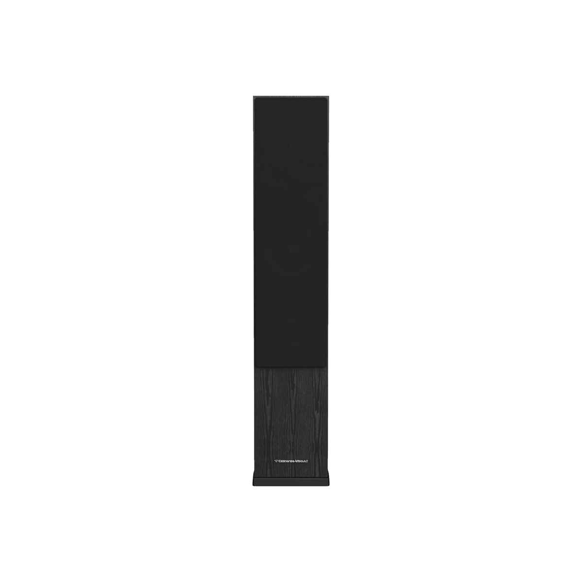 The LA Series Home Audio Speakers are tall floor-standing models featuring a minimalist black design. The bottom half has a wood-grain finish with a subtle logo, while the top half is fitted with a solid black grille, all resting on a flat, square base.