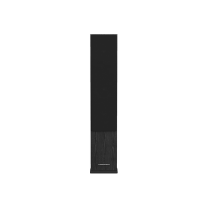 The LA Series Home Audio Speakers are tall floor-standing models featuring a minimalist black design. The bottom half has a wood-grain finish with a subtle logo, while the top half is fitted with a solid black grille, all resting on a flat, square base.