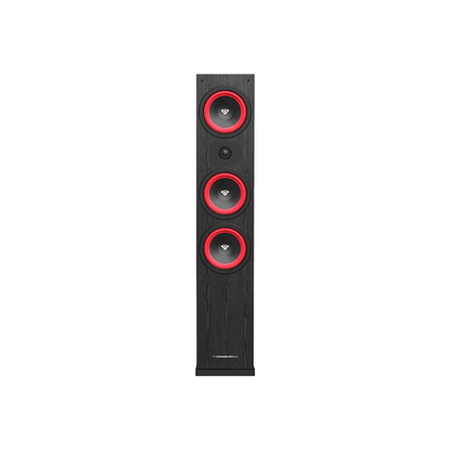 The Cerwin-Vega LA365 is a tall black tower speaker with premium sound, featuring three large drivers outlined in red, including a smaller driver nestled between the top two. Its subtle logo on the slightly wider base enhances its sleek design, making it perfect for modern living spaces.