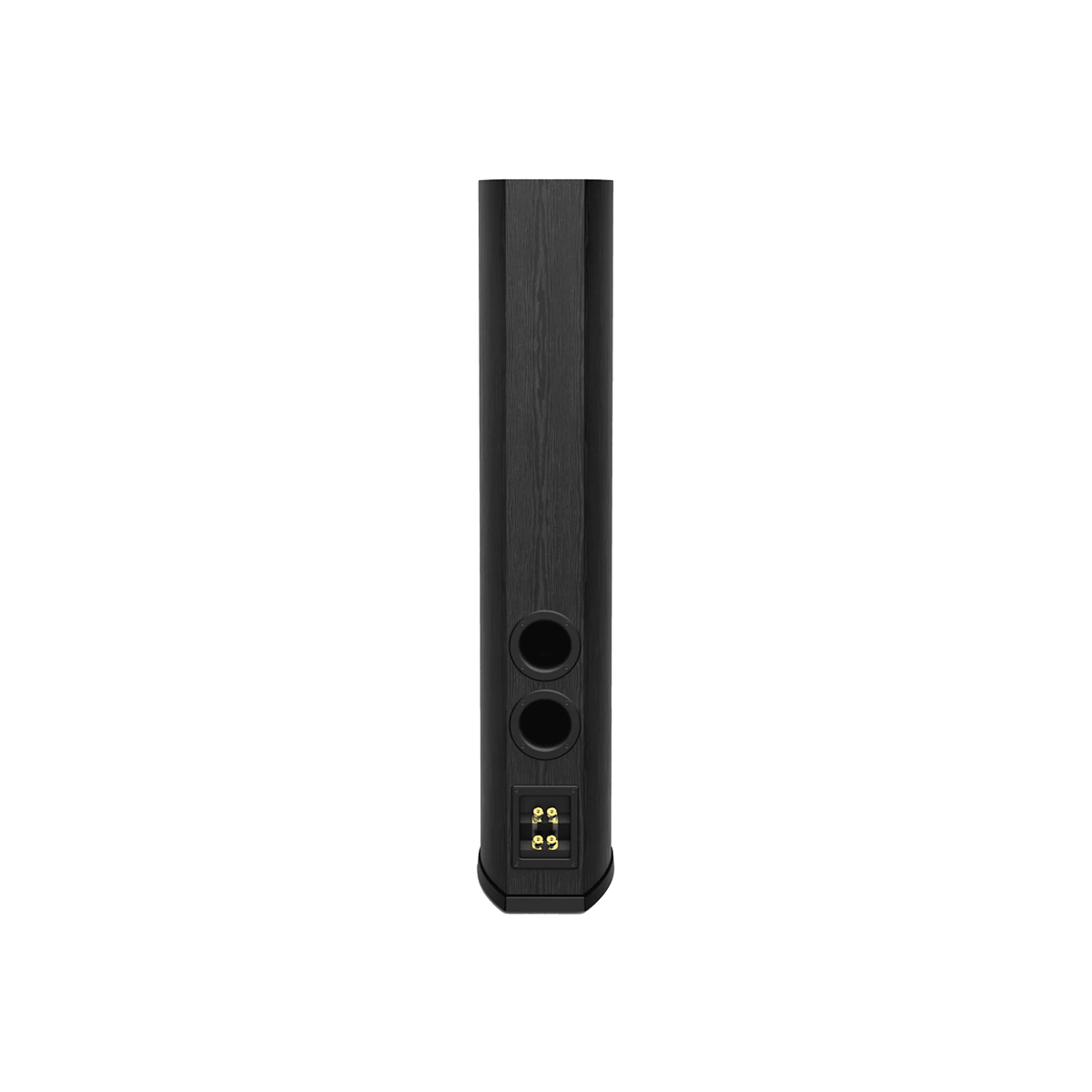 Rear view of the DUAL 6.5” 3-WAY TOWER SPEAKER - LA365 from the Cerwin-Vega LA Series, featuring a wood-grain texture, black finish, two circular bass ports at the bottom, and a terminal panel with gold connectors; ideal for modern living spaces.