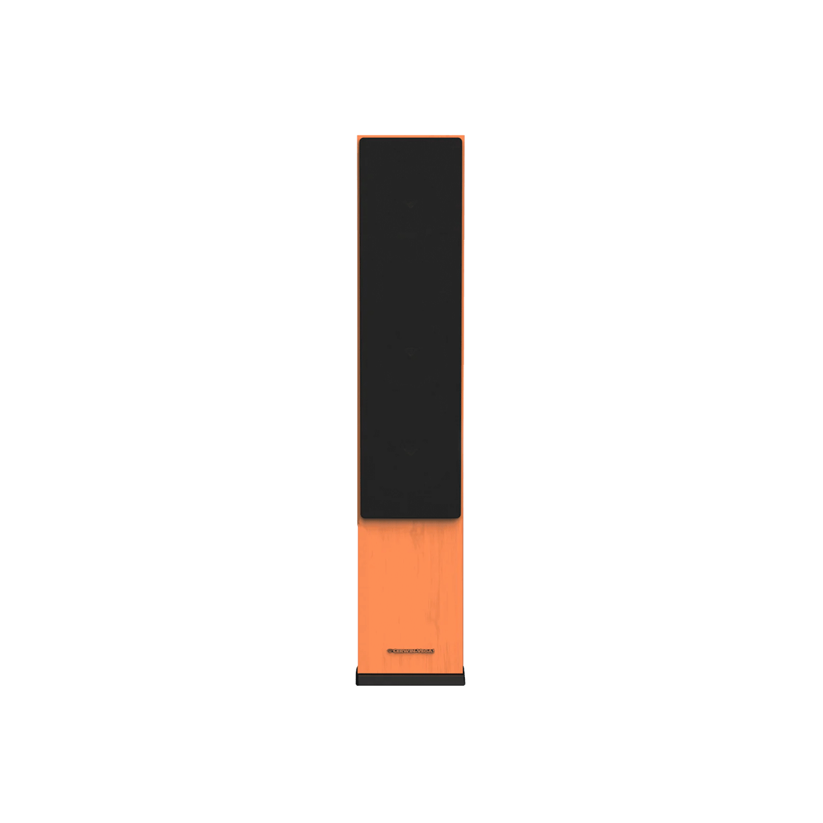 The Cerwin-Vega LA Series features the LA365, a tall, rectangular floor-standing speaker with an orange wood finish and black front grille on a white background. Its slightly wider base and small bottom logo provide premium sound quality for modern living.