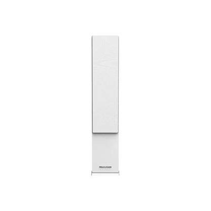 The DUAL 6.5" 3-WAY TOWER SPEAKER - LA365 is a tall, white, floor-standing speaker with a modern rectangular design and premium sound. It features a white grille on the front and stands on a square base with the silver "REVELATION" logo at the bottom center, ideal for contemporary living spaces.