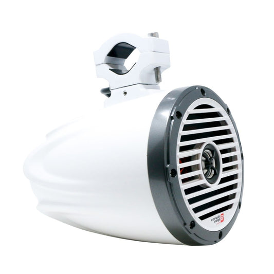 The SMC8W - 8″ STROKER RPM 500W 3-way marine wakeboard tower speaker features a sleek, elongated design with a silver front grill and glossy white finish. It includes a top mounting bracket, and the logo is displayed on the bottom front of the grill.