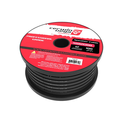 A spool of professional-grade speaker wire called "8 Gauge Frost Black w/ Red edge on Square Side Speaker Wire - SW8G100" is ideal for sound systems. This 100-foot cable, made from oxygen-free copper, features a striking red and black design with branding and product details.