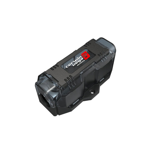 The image displays a Cerwin-Vega ANL Fuse Holder (ANL1) in black with a transparent top, highlighted by the brand's logo and red 'CV' emblem. It features mounting options, ventilation ports, and showcases sturdy construction.