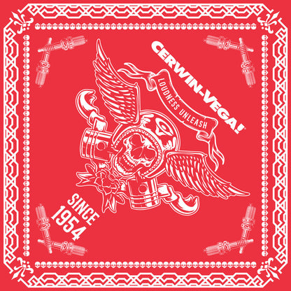 The Cerwin-Vega! Signature Red Bandana boasts a central winged skull with headphones and star, surrounded by crossed pistons, flowers, detailed corner speakers, and "Loudness Unleash" text on a banner. A geometric border frames it all with "Since 1954" at the bottom.