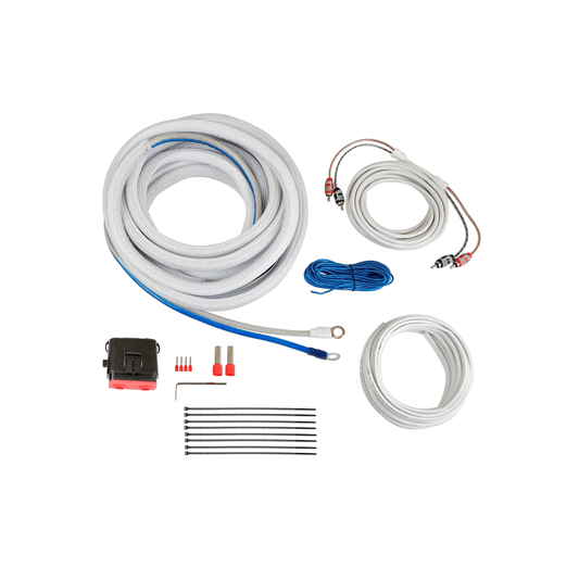 A flat lay of the 4 Gauge Complete Waterproof Amp Kit (CAKM42) presented on a white background, featuring coiled wiring, connectors, Cerwin Vega CAKM42 circuit breaker, metal pins, zip ties, and red sleeves arranged symmetrically.