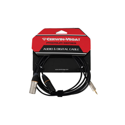 The coiled CBL35MMDXLR10 cable from Cerwin-Vega’s Premium Series, ideal for professional audio setups, is displayed on a white background. It features a 3.5mm stereo male connector and dual XLR males, with black and red packaging displaying the brand name and description in white.