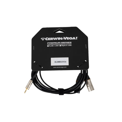 The CBL35MMDXLR10 is a 10 ft coiled stereo cable featuring a 3.5mm gold plug on one end and dual XLR connectors, secured by a black Velcro strap. It's displayed on black cardboard labeled "Cerwin-Vega! Premium Series," highlighting its use in professional audio setups.