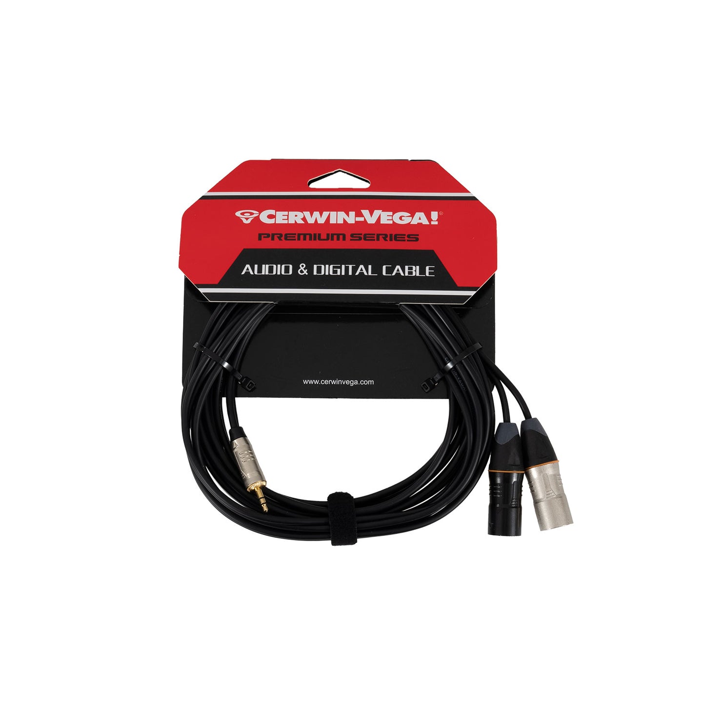 A coiled CBL35MMDXLR15 cable, 3.5mm stereo male to dual XLR males (15 ft), comes on a red and black "Cerwin-Vega! Premium Series Audio & Digital Cable" cardboard backing. A black Velcro strap secures this audio system essential.