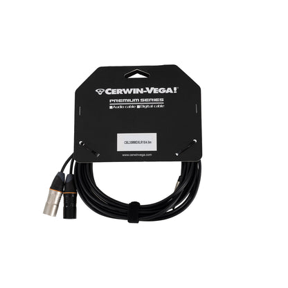 Black audio cable with silver and black connectors for premium systems, attached to packaging card labeled "Cerwin-Vega! Premium Series Audio Cable Digital Cable," model "CBLSXMRCP-LR-9.6m." Card has a cut-out handle at the top.