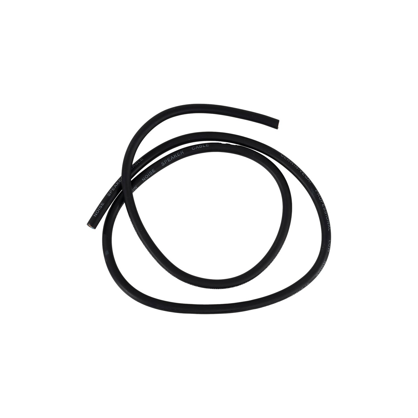 A flexible, coiled black rubber hose, labeled "6 AWG 100% OFC," rests against a white background in a circular form with one end slightly overlapping. This is the CBLSPKNRAW25 - SPEAKON Cable without connectors (25 ft).